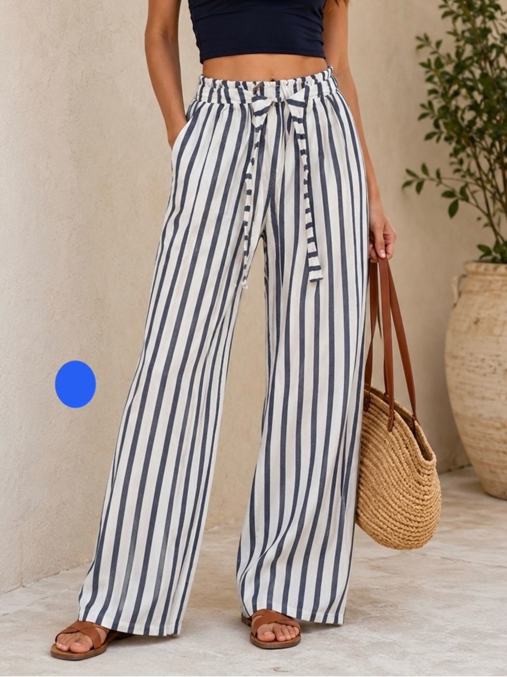 Rebecca Virtue Blue White Striped Wide Leg Pants Size L Boho Beach